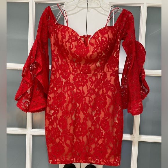 A'GACI Women's Red Lace Off The Shoulder Long Flutter Sleeve Mini Dress Size S - Picture 9 of 14